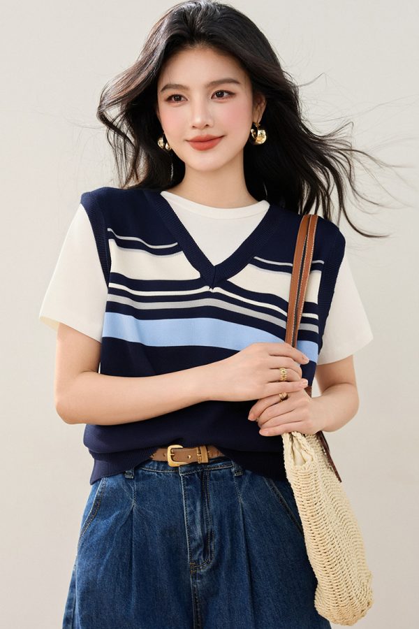 Stripe mixed colors Pseudo-two summer T-shirt for women